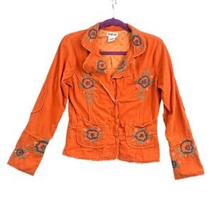 VTG Boho Embroidered Jacket M Y2K Orange Corduroy Floral Cottagecore Indie Fairy